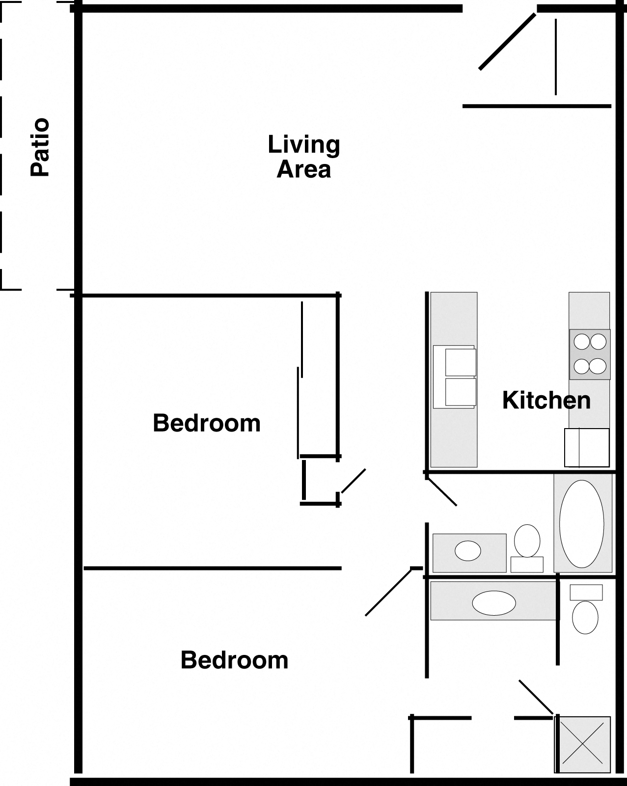 Floor plan for 2 beds, 2 baths, 950 sqft